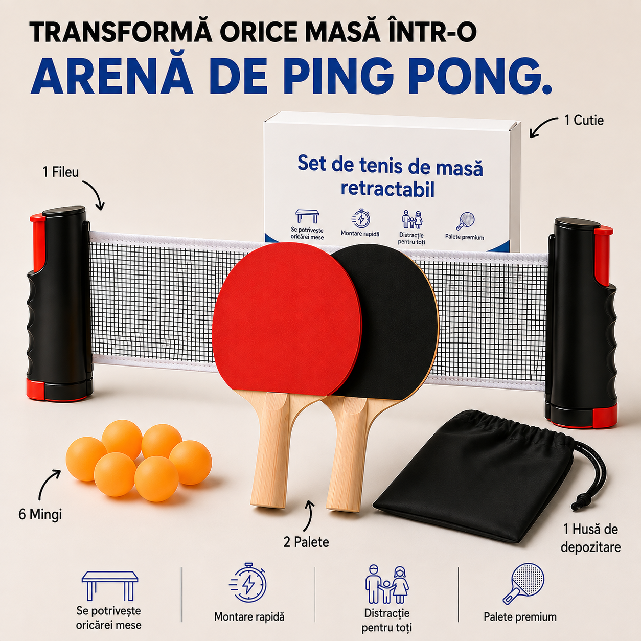 Kit Masă Tenis la tine acasă! 2 palete, fileu adjustabil, 6 mingi + cutie si săculeț!