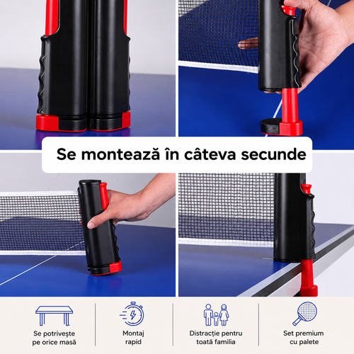 Kit Masă Tenis la tine acasă! 2 palete, fileu adjustabil, 6 mingi + cutie si săculeț!