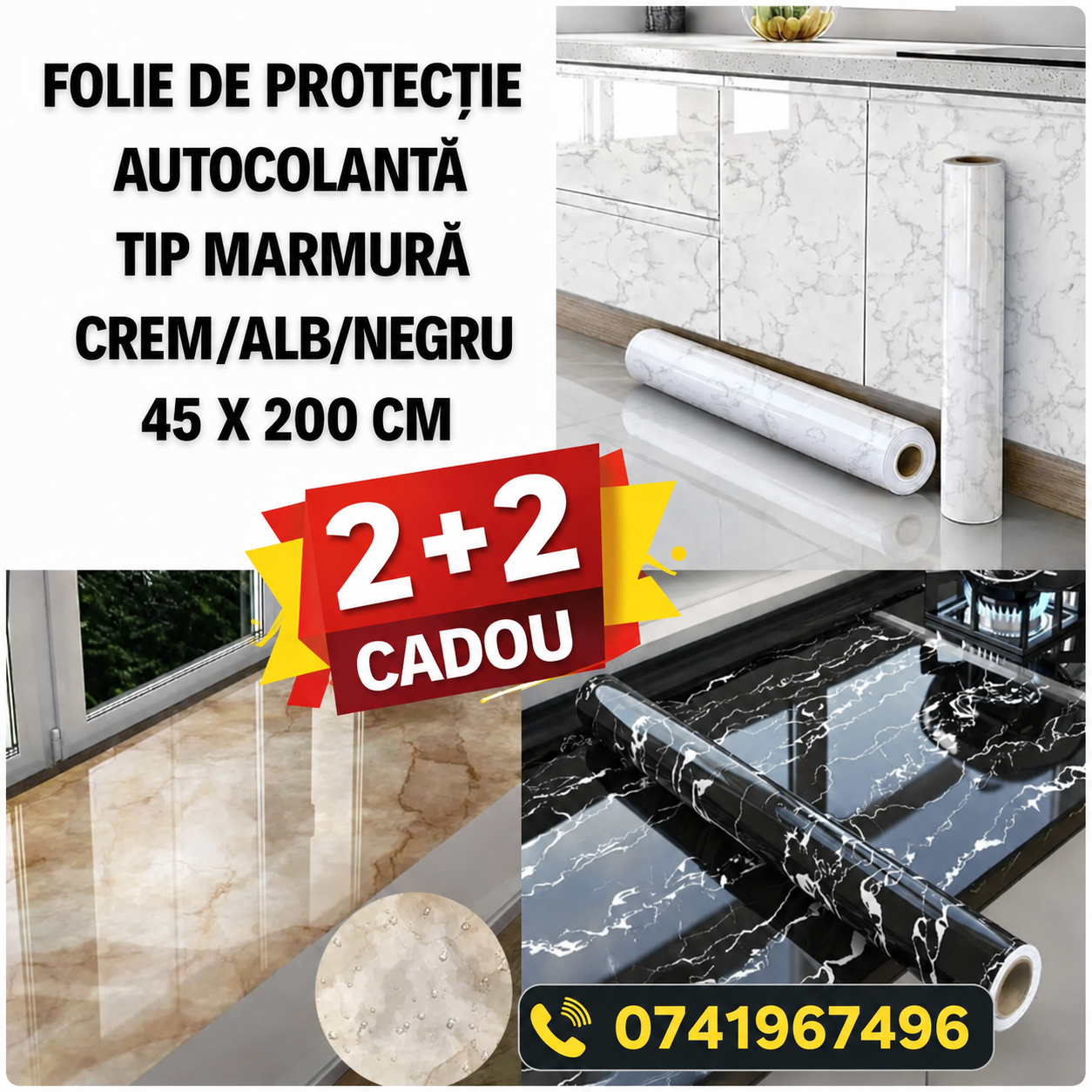 Folie de Protecție Autocolantă tip Marmură Modele Multiple 45 x 200 CM